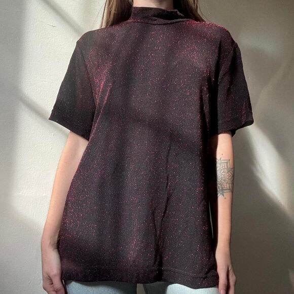 Vintage Appàrenza Black Red Sparkle Mock Neck Y2K Shirt 90s 00s NYE - Picture 1 of 9